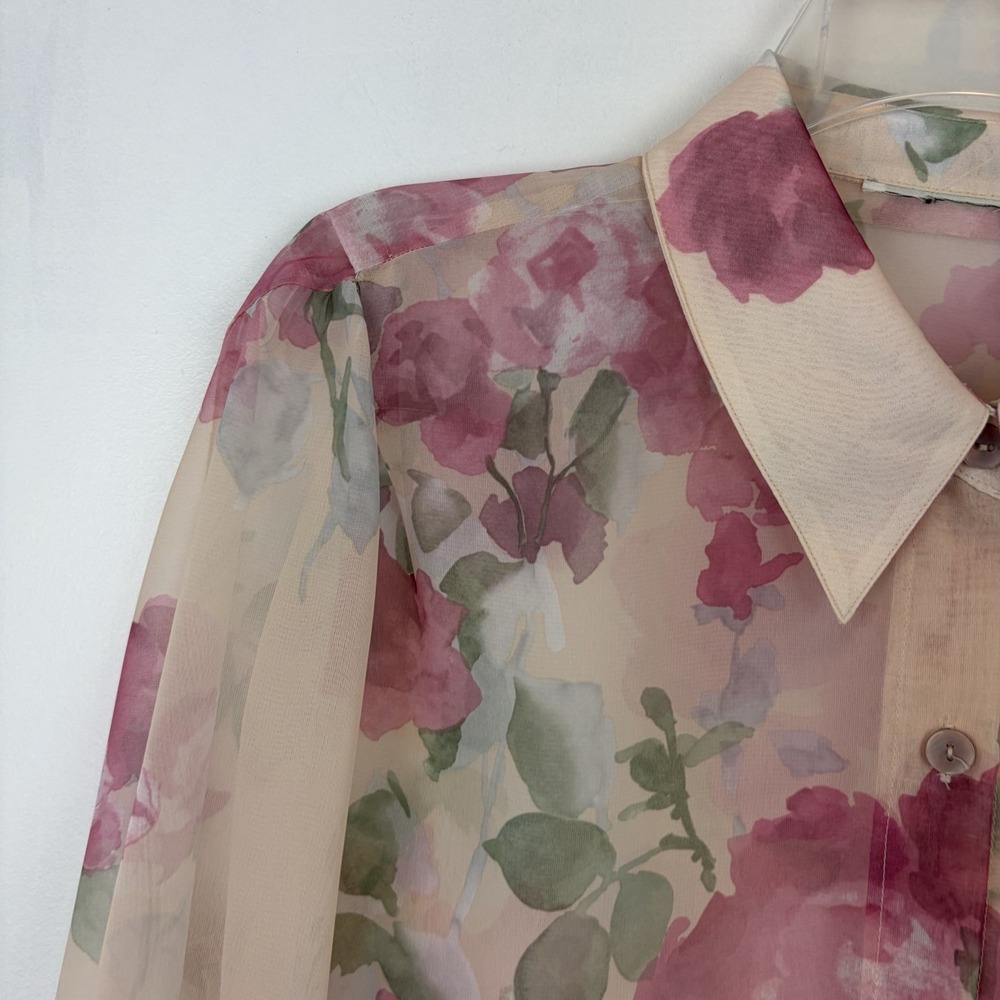 Vintage Sheer Floral Top Womens Large Boho Chiffon Flowy Romantic Career Read - Picture 10 of 10